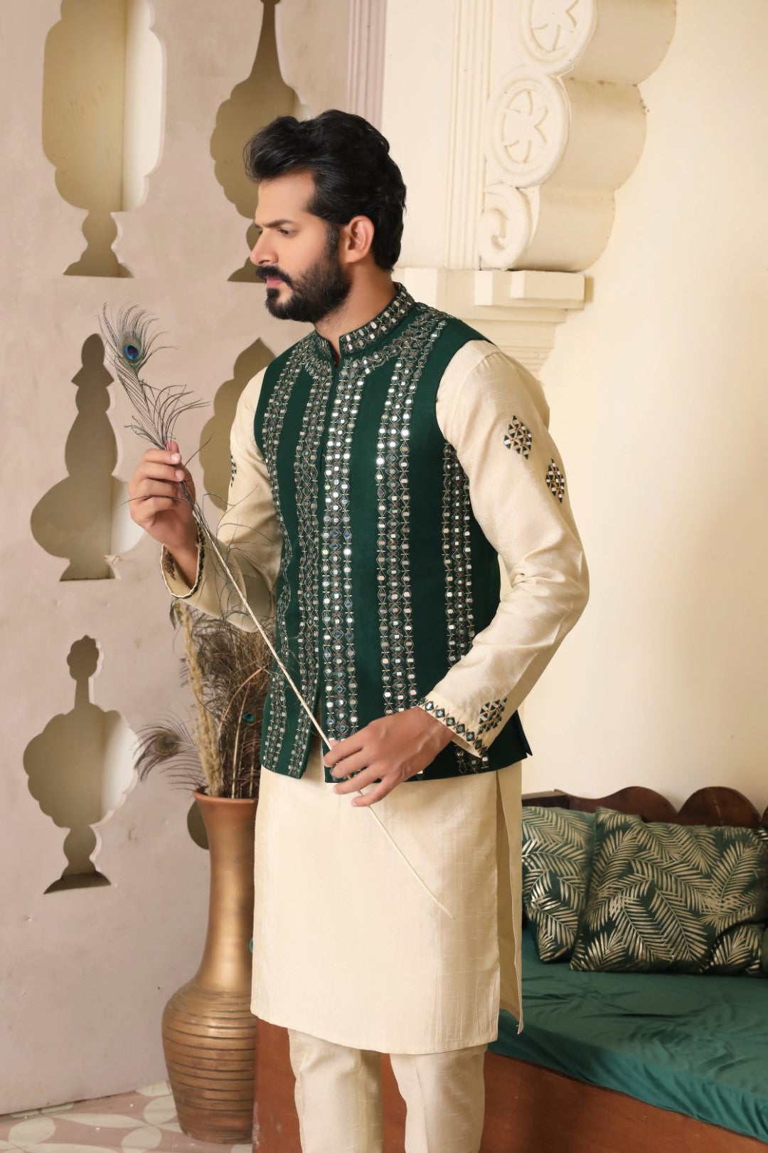 Bottle Green Mirror Embroidered Silk Waistcoat (3-Piece) - Image 4