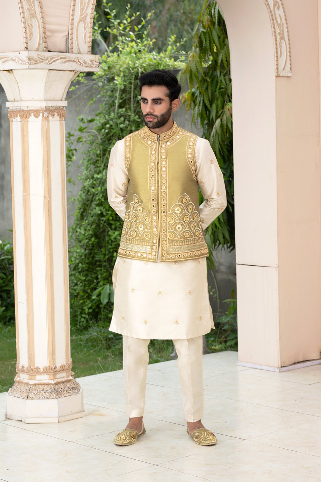 Mehndi Green Shisha Embroidered Silk Waistcoat Kurta (3-Piece) - Image 2