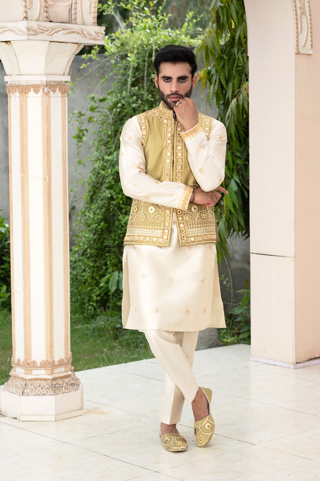 Mehndi Green Shisha Embroidered Silk Waistcoat Kurta (3-Piece) - Image 1