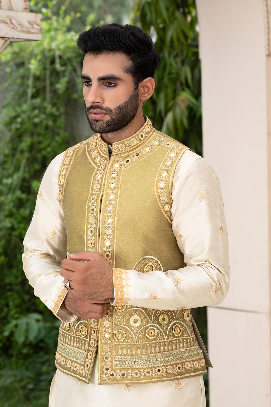 Mehndi Green Shisha Embroidered Silk Waistcoat Kurta (3-Piece) - Image 3