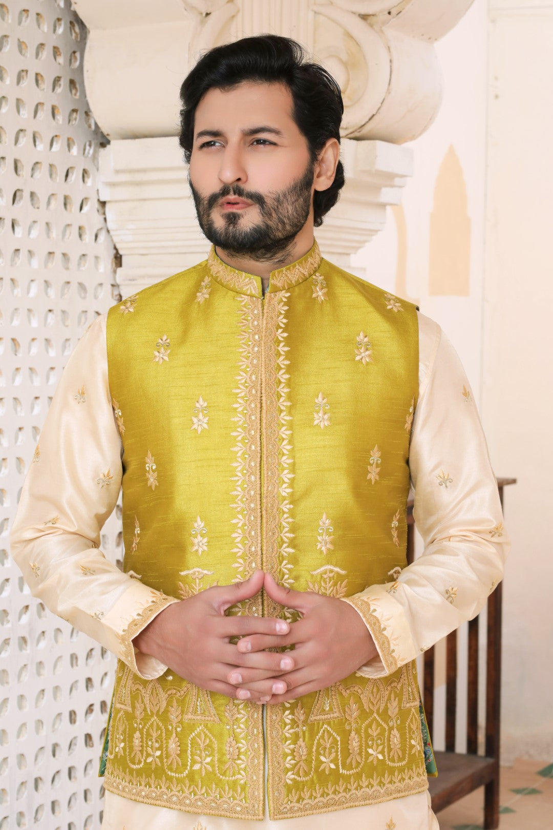 Green Embroidered Silk Mughal Waistcoat (3-Piece) - Image 3