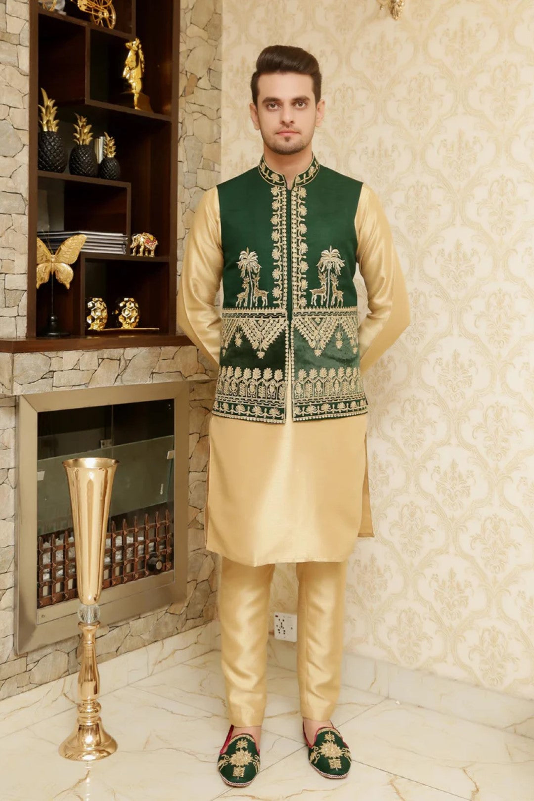 Bottle Green Embroidered Silk Waistcoat (3-Piece) - Image 1