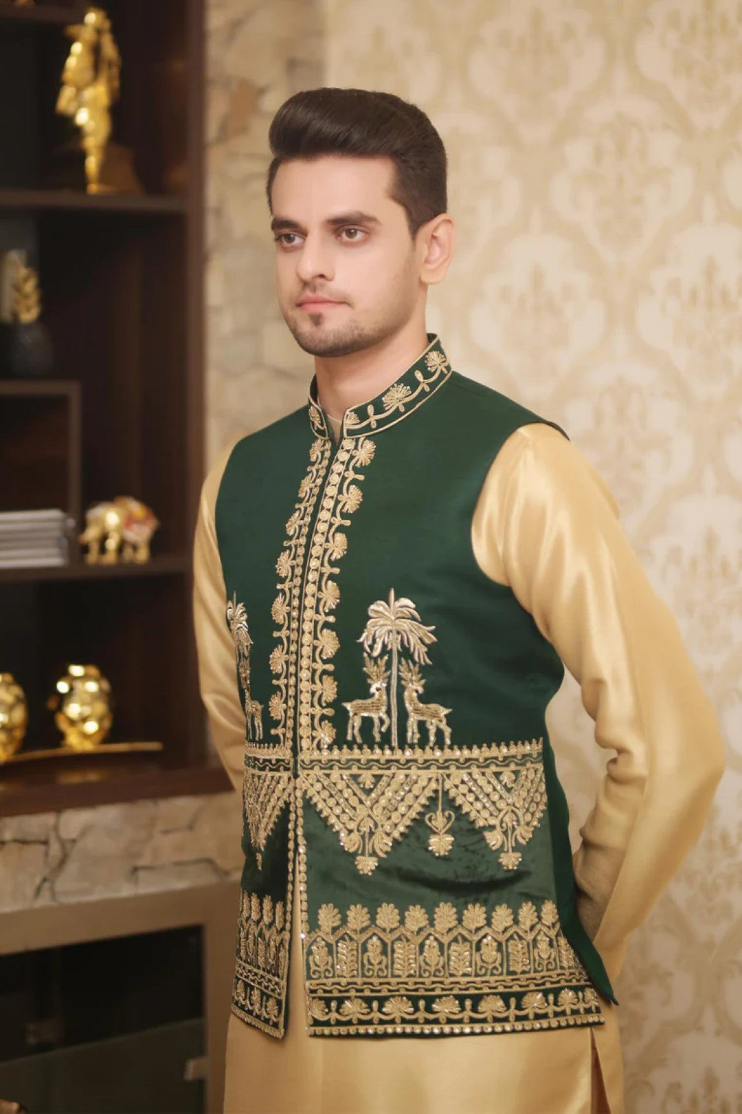 Bottle Green Embroidered Silk Waistcoat (3-Piece) - Image 2