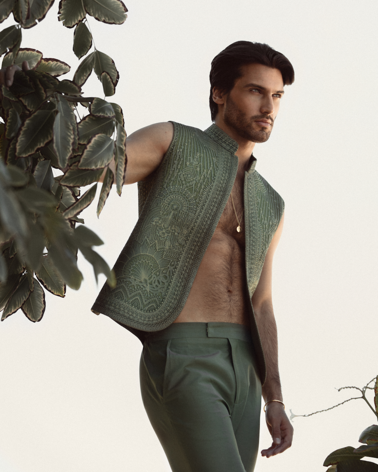 Sage Green Embroidered Waistcoat with Trousers (2-Piece) - Image 1