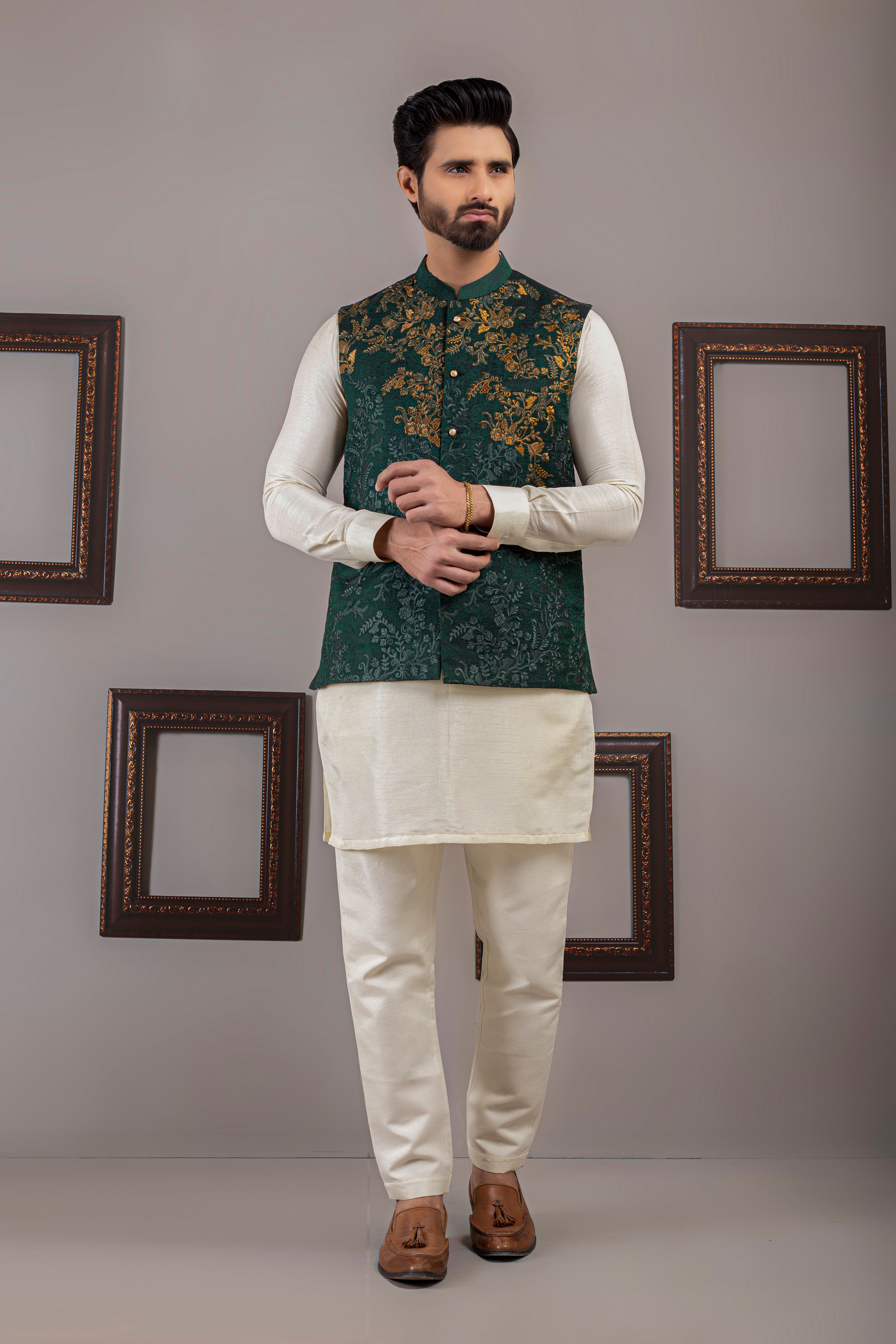 Deep Green Copper Embroidered Waistcoat Kurta (3-Piece) - Image 1