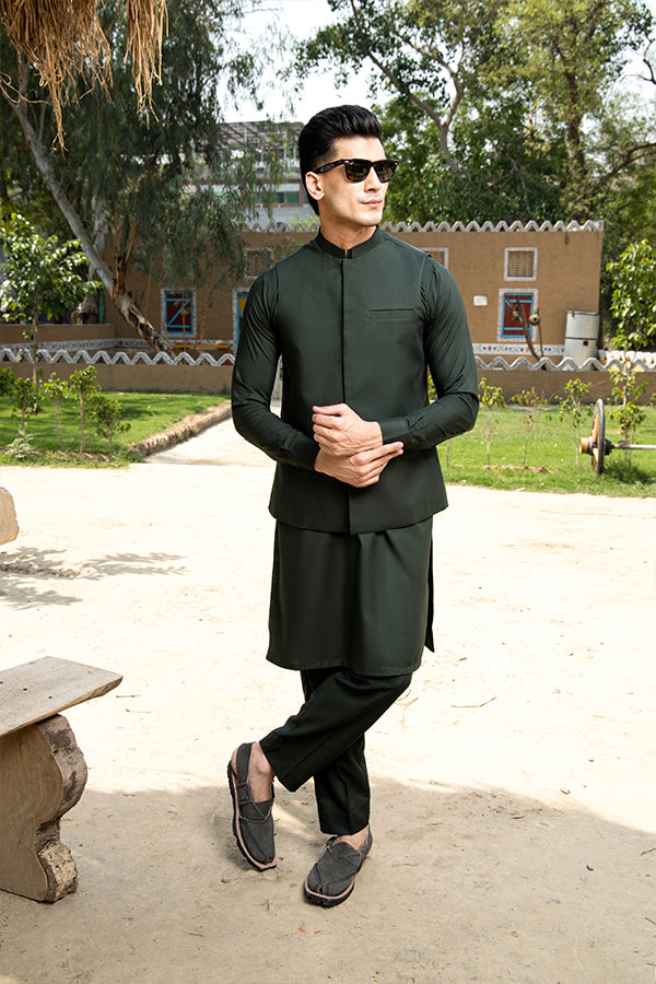Bottle Green Suiting Blend Waistcoat Kurta (3-Piece) - Image 1