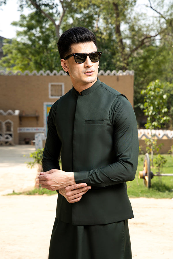 Bottle Green Suiting Blend Waistcoat Kurta (3-Piece) - Image 3
