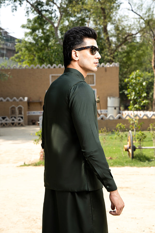 Bottle Green Suiting Blend Waistcoat Kurta (3-Piece) - Image 4