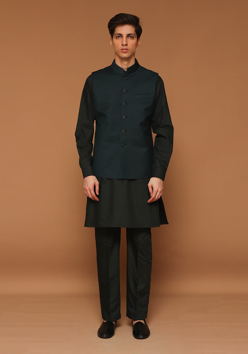 Green Gables Suiting Fabric Waistcoat Kurta (3-Piece) - Image 1
