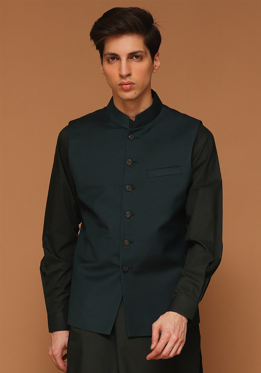 Green Gables Suiting Fabric Waistcoat Kurta (3-Piece) - Image 2