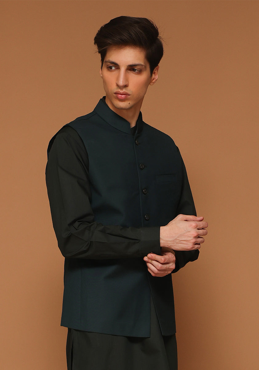 Green Gables Suiting Fabric Waistcoat Kurta (3-Piece) - Image 3