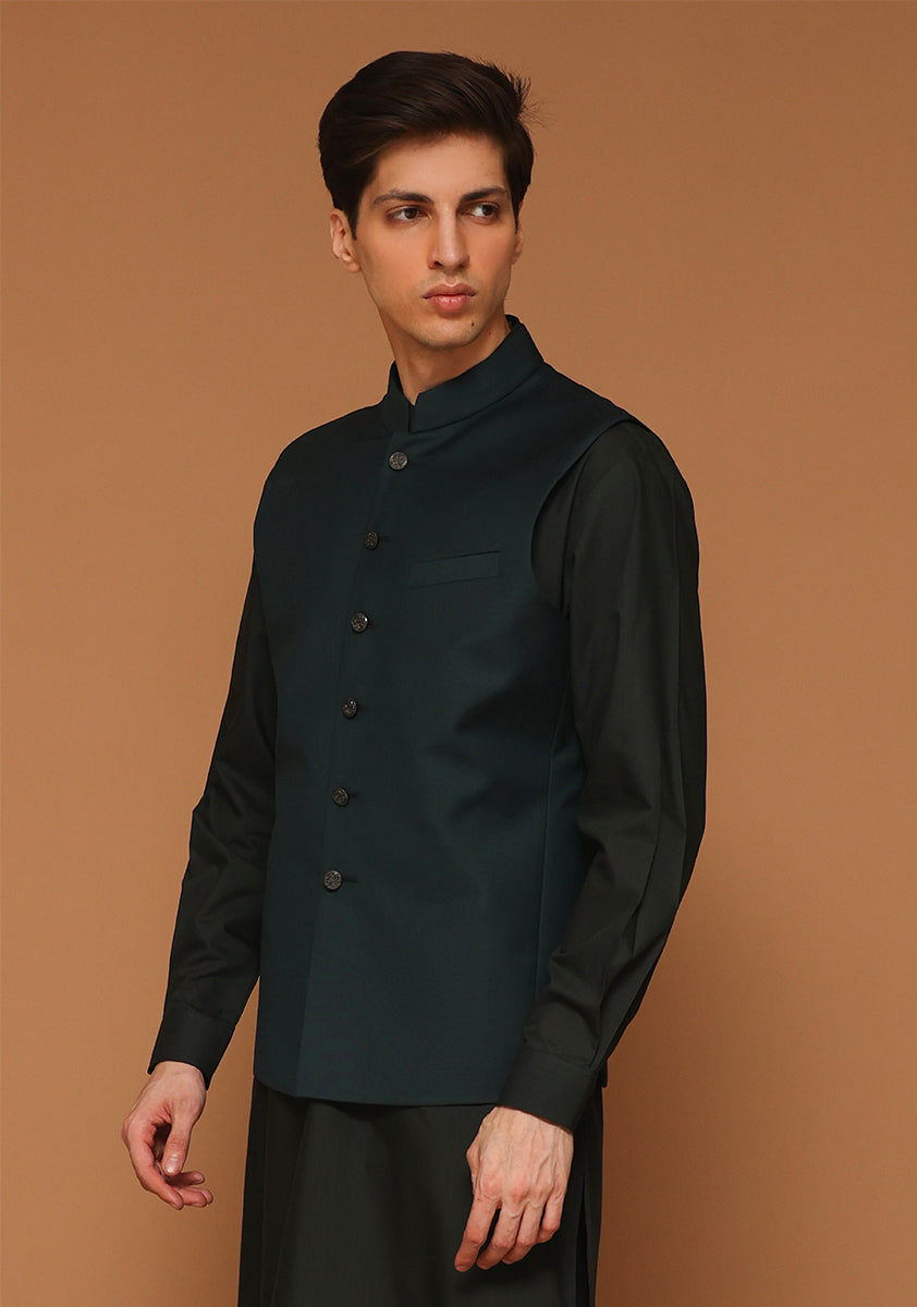 Green Gables Suiting Fabric Waistcoat Kurta (3-Piece) - Image 4