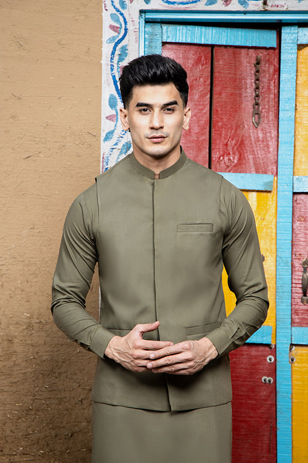 Army Green Solid Suiting Waistcoat Kurta Set (2-Piece) - Image 1
