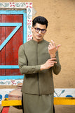 Army Green Solid Suiting Waistcoat Kurta Set (2-Piece) - Image 4