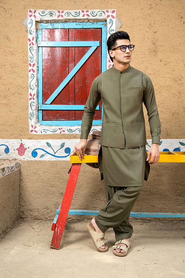 Army Green Suiting Waistcoat Kurta Shalwar (3-Piece) - Image 1