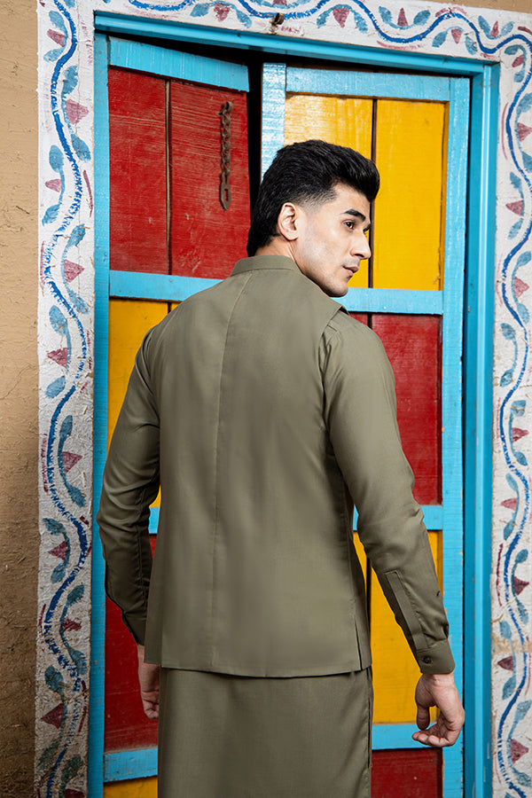 Army Green Suiting Waistcoat Kurta Shalwar (3-Piece) - Image 6