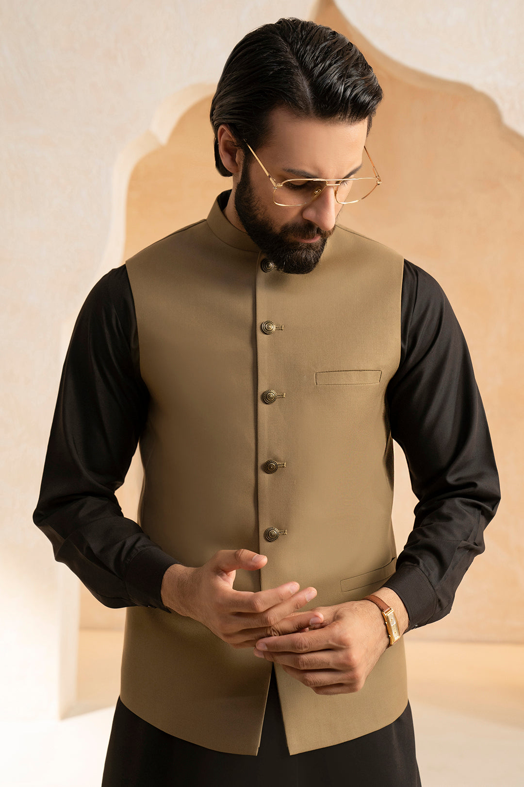 Mehndi Green Suiting Fabric Waistcoat (3-Piece) - Image 5