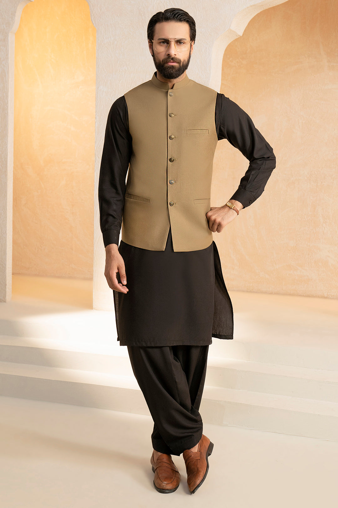 Mehndi Green Suiting Fabric Waistcoat (3-Piece) - Image 9