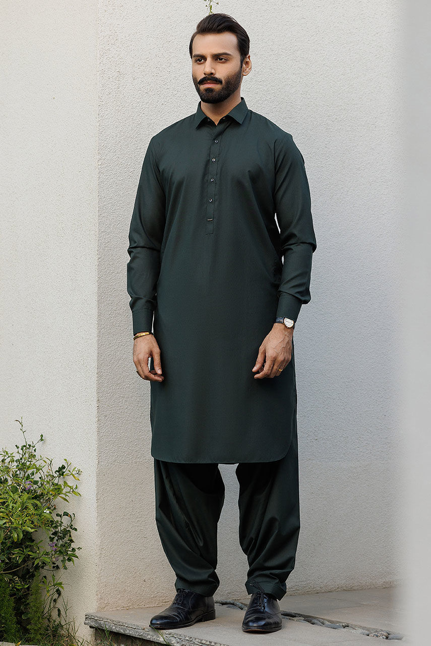 Dark Green Threadwork Suiting Waistcoat Kurta (3-Piece) - Image 2