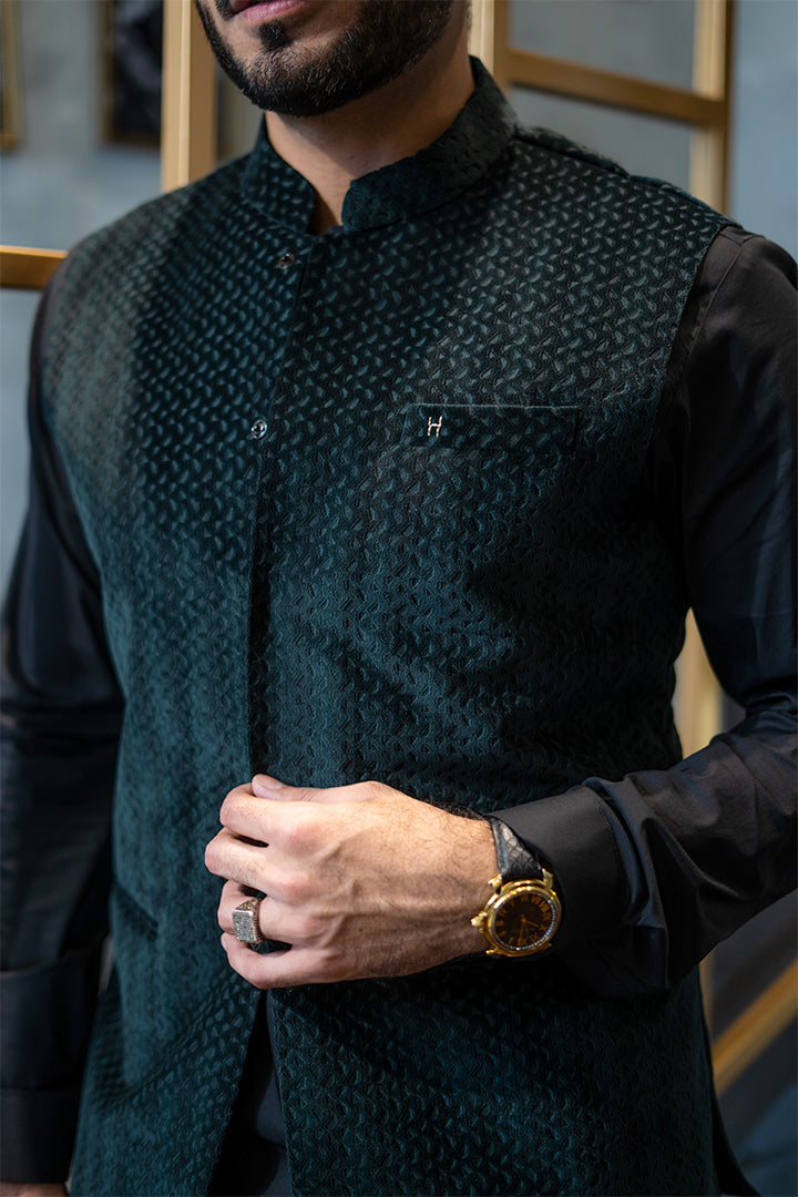 Deep Green Self-Embossed Velvet Waistcoat (3-Piece) - Image 4