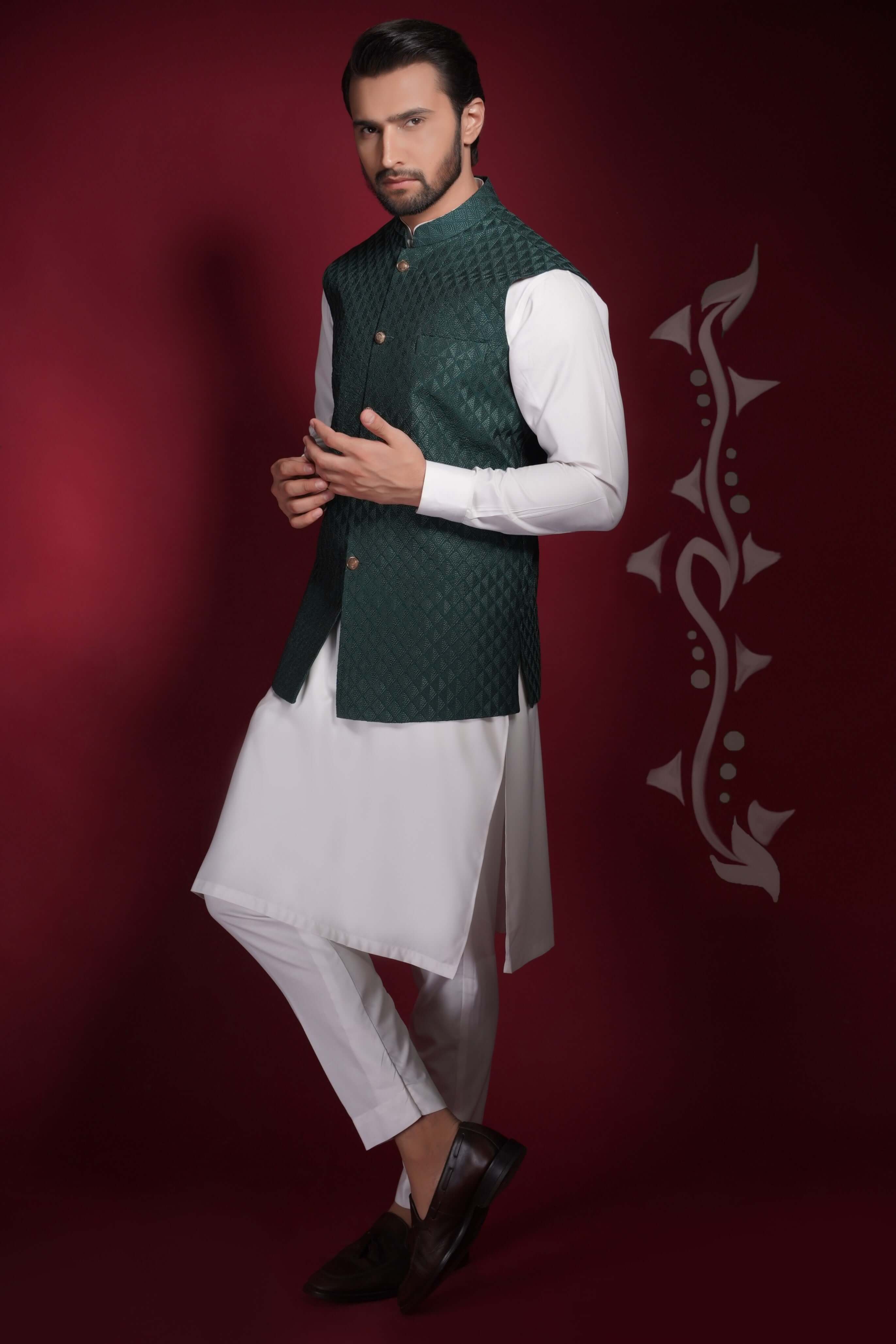 Emerald Green Embroidered Suiting Waistcoat Kurta (3-Piece) - Image 1
