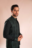 Green Embroidered Waistcoat with Black Kurta (3-Piece) - Image 3