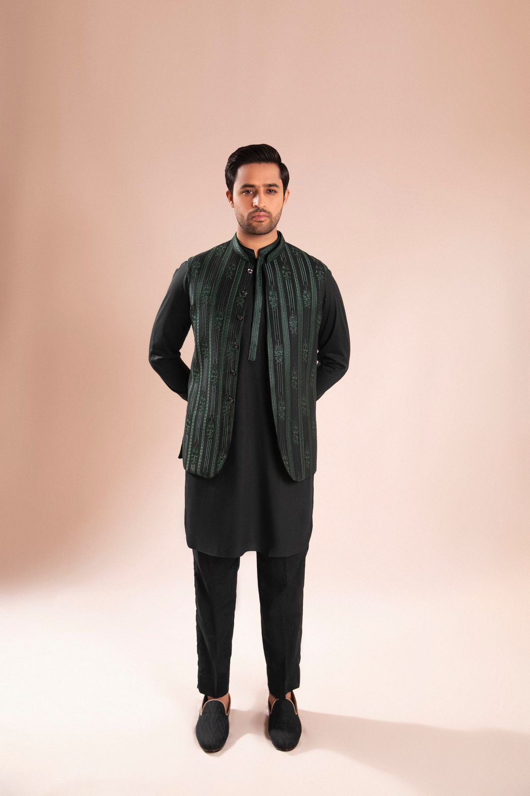 Green Embroidered Waistcoat with Black Kurta (3-Piece) - Image 3