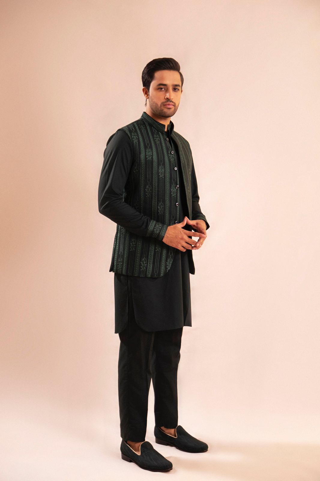 Green Embroidered Waistcoat with Black Kurta (3-Piece) - Image 4
