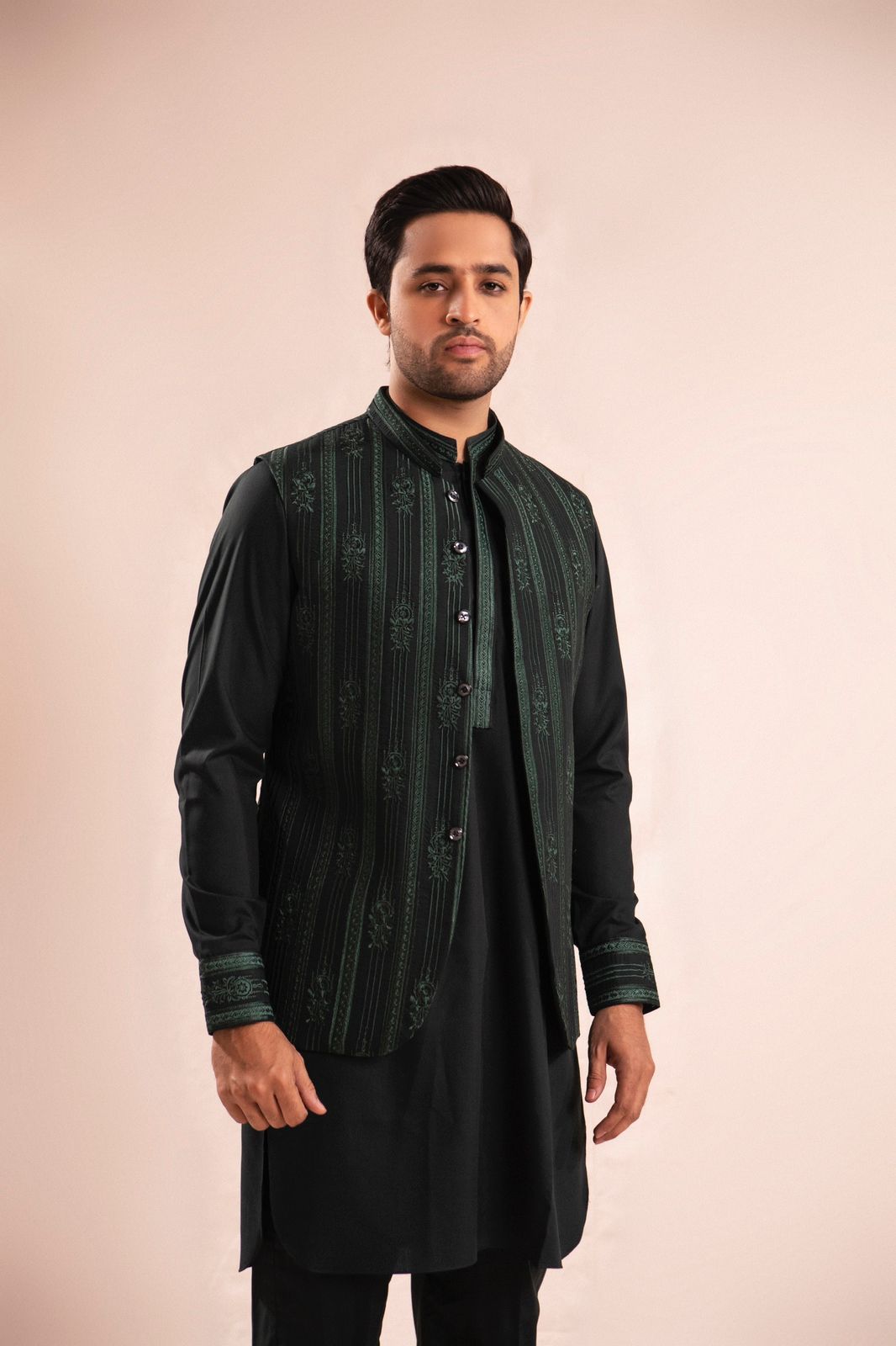 Green Embroidered Waistcoat with Black Kurta (3-Piece) - Image 5