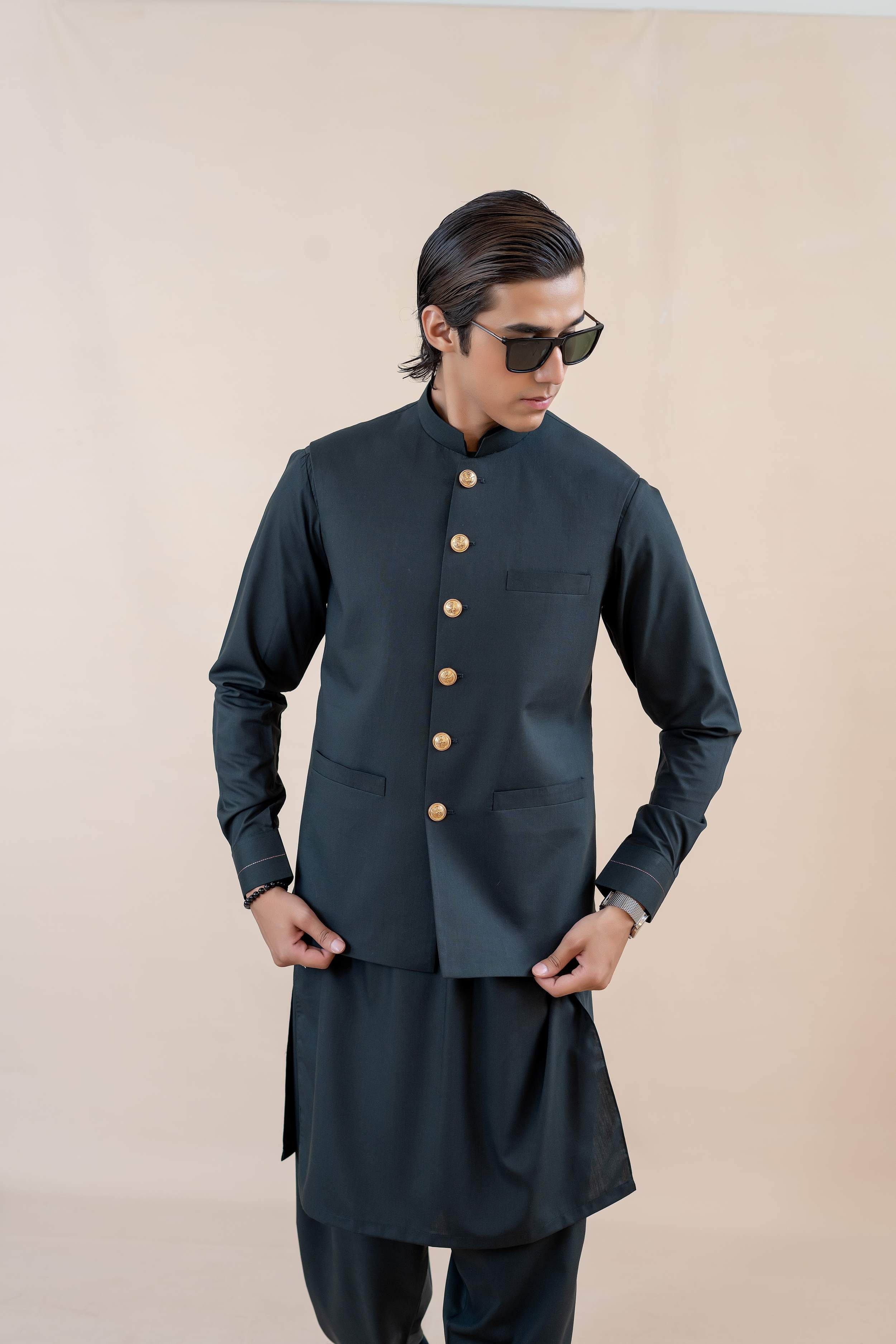 Deep Green Wash-and-Wear Waistcoat Kurta (3-Piece) - Image 3