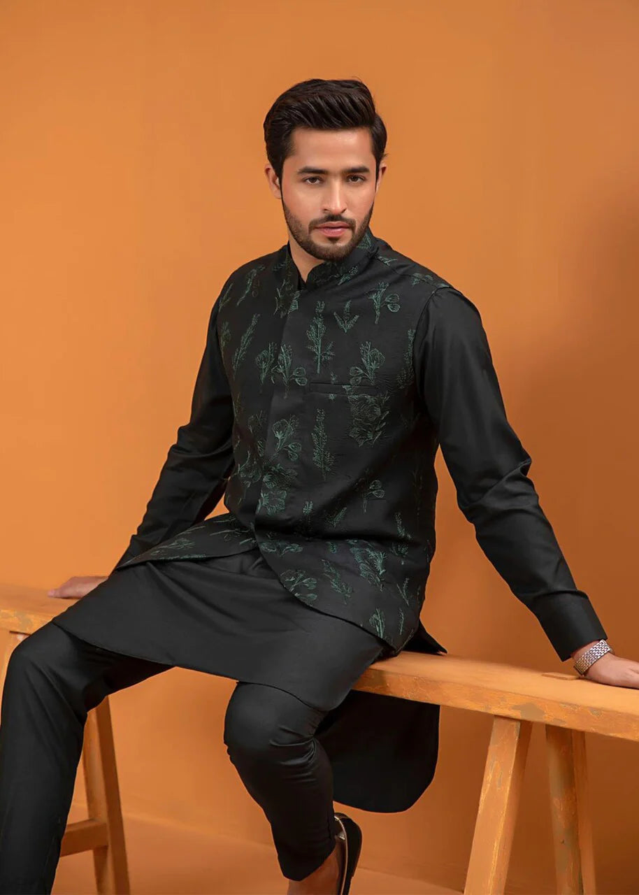 Deep Green Embroidered Wash & Wear Waistcoat Kurta (3-Piece) - Image 4
