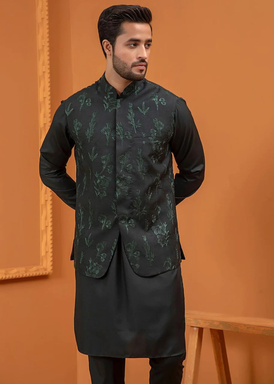 Deep Green Embroidered Wash & Wear Waistcoat Kurta (3-Piece) - Image 3