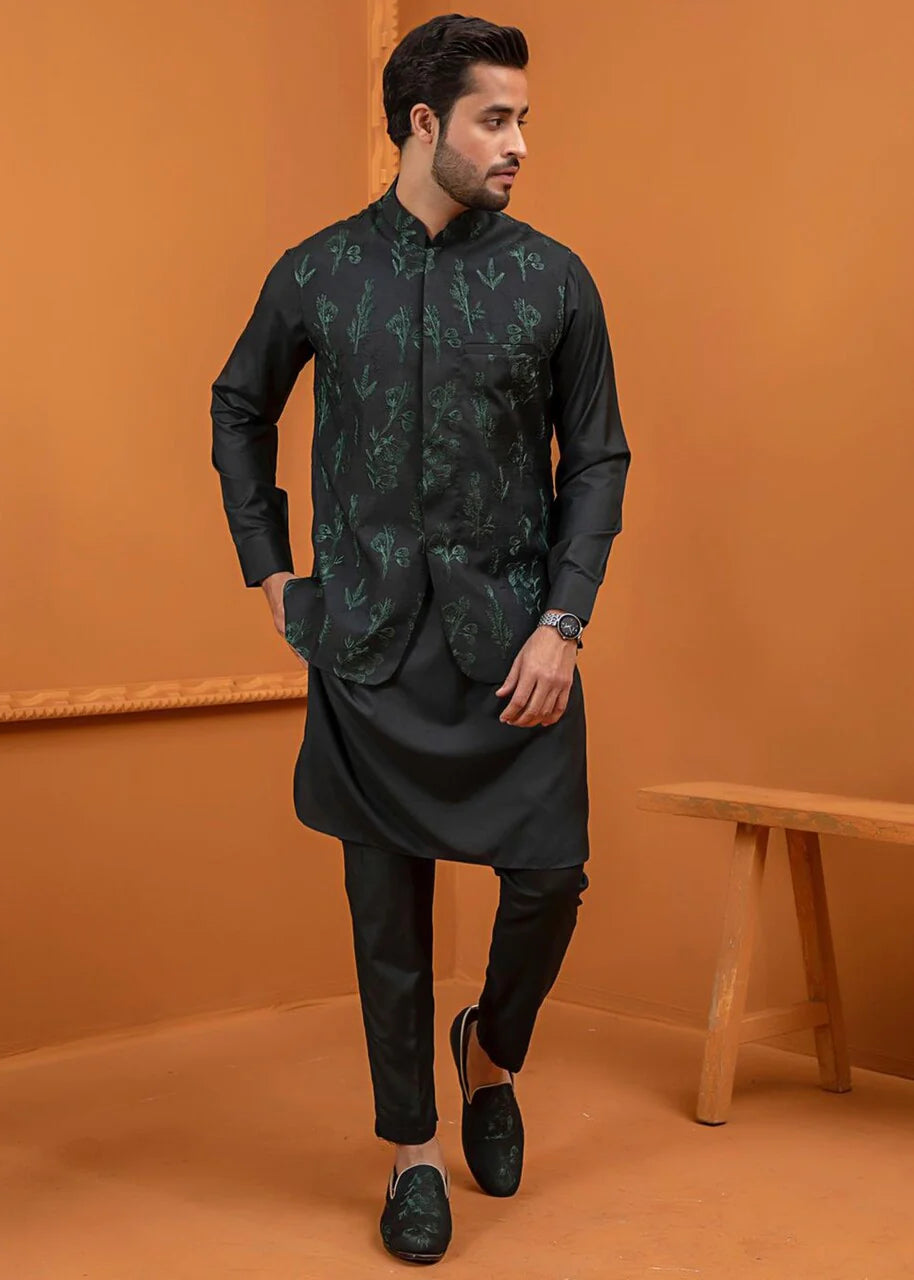 Deep Green Embroidered Wash & Wear Waistcoat Kurta (3-Piece) - Image 5