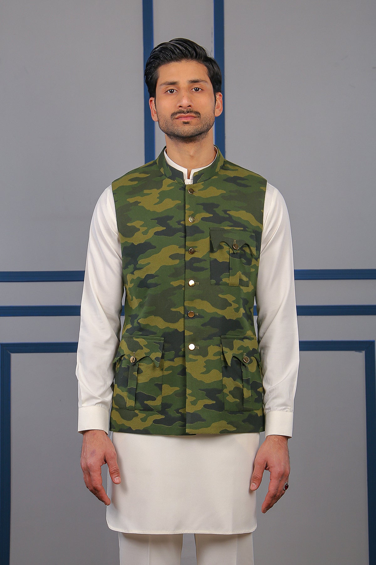 Camo Green Printed Woven Waistcoat Kurta (2-Piece) - Image 1