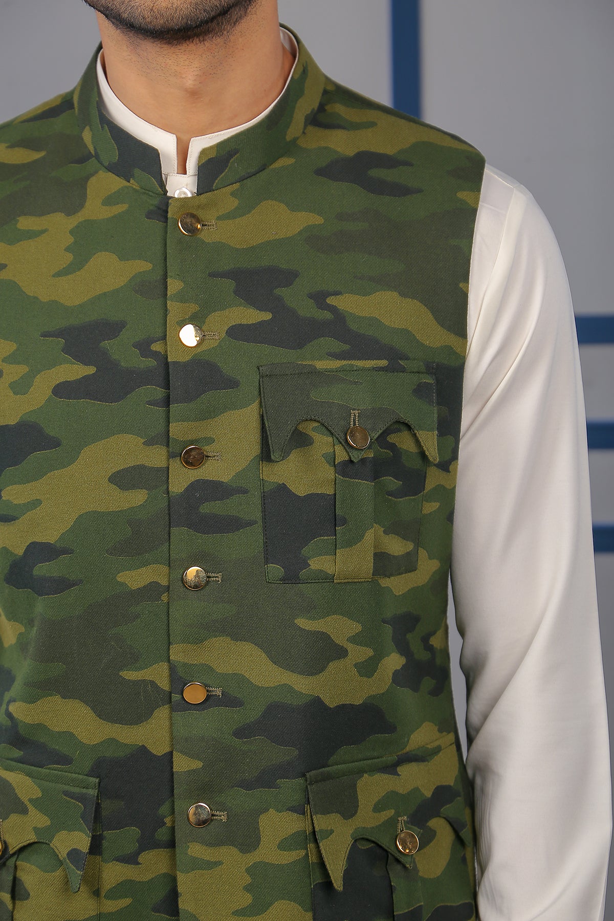 Camo Green Printed Woven Waistcoat Kurta (2-Piece) - Image 3