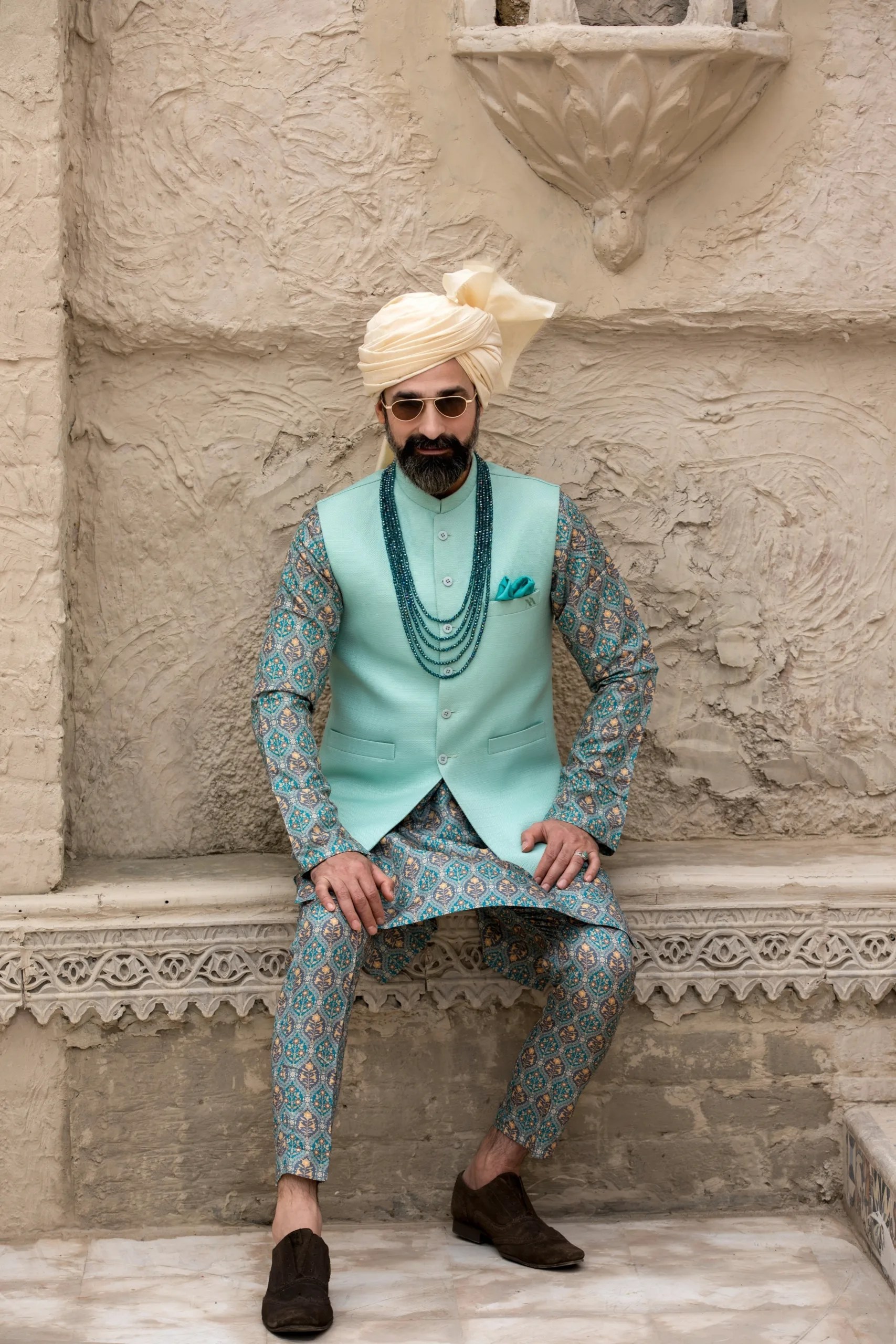 Mint Green Tailored Waistcoat Kurta Set (3-Piece) - Image 1