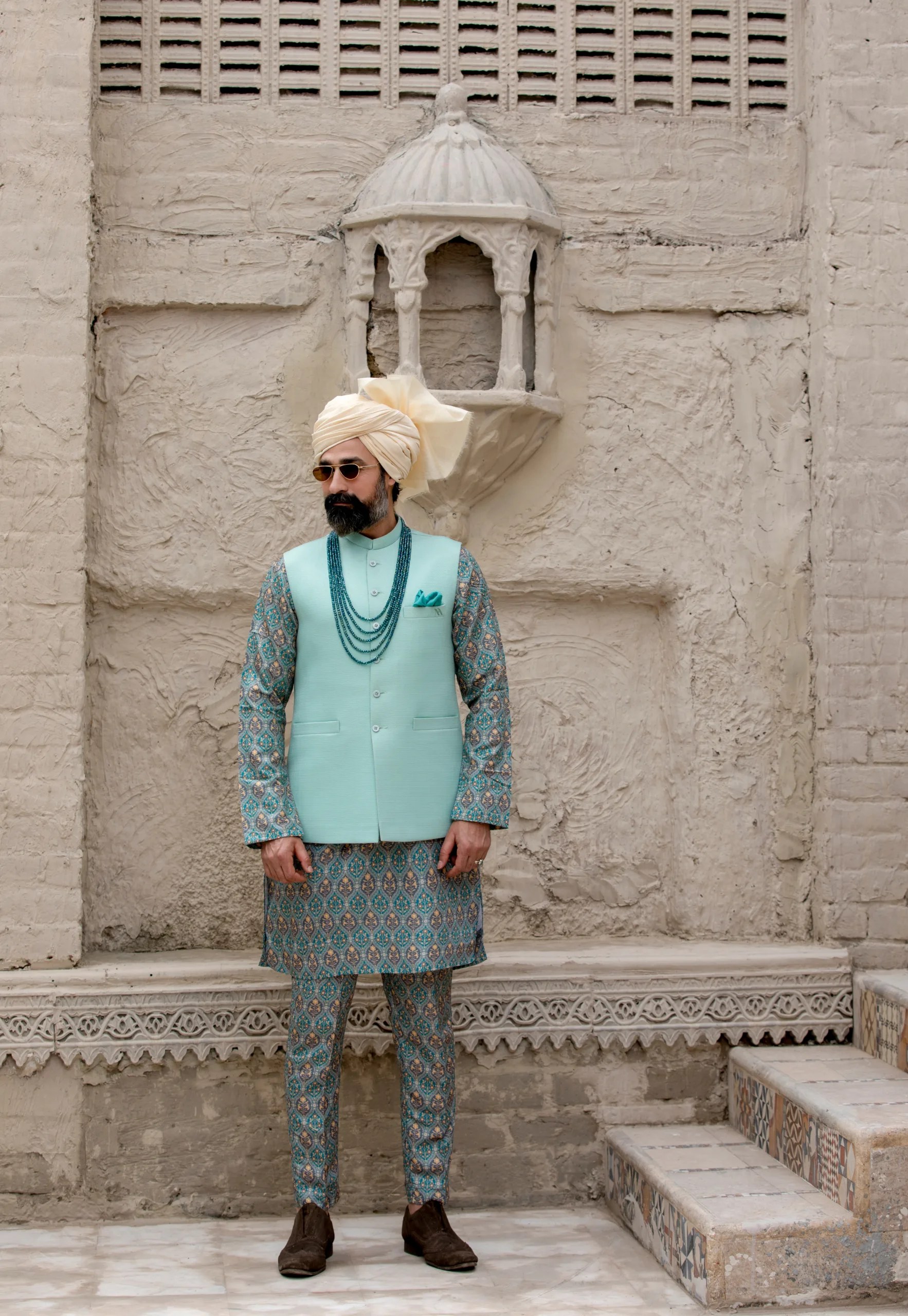 Mint Green Tailored Waistcoat Kurta Set (3-Piece) - Image 2