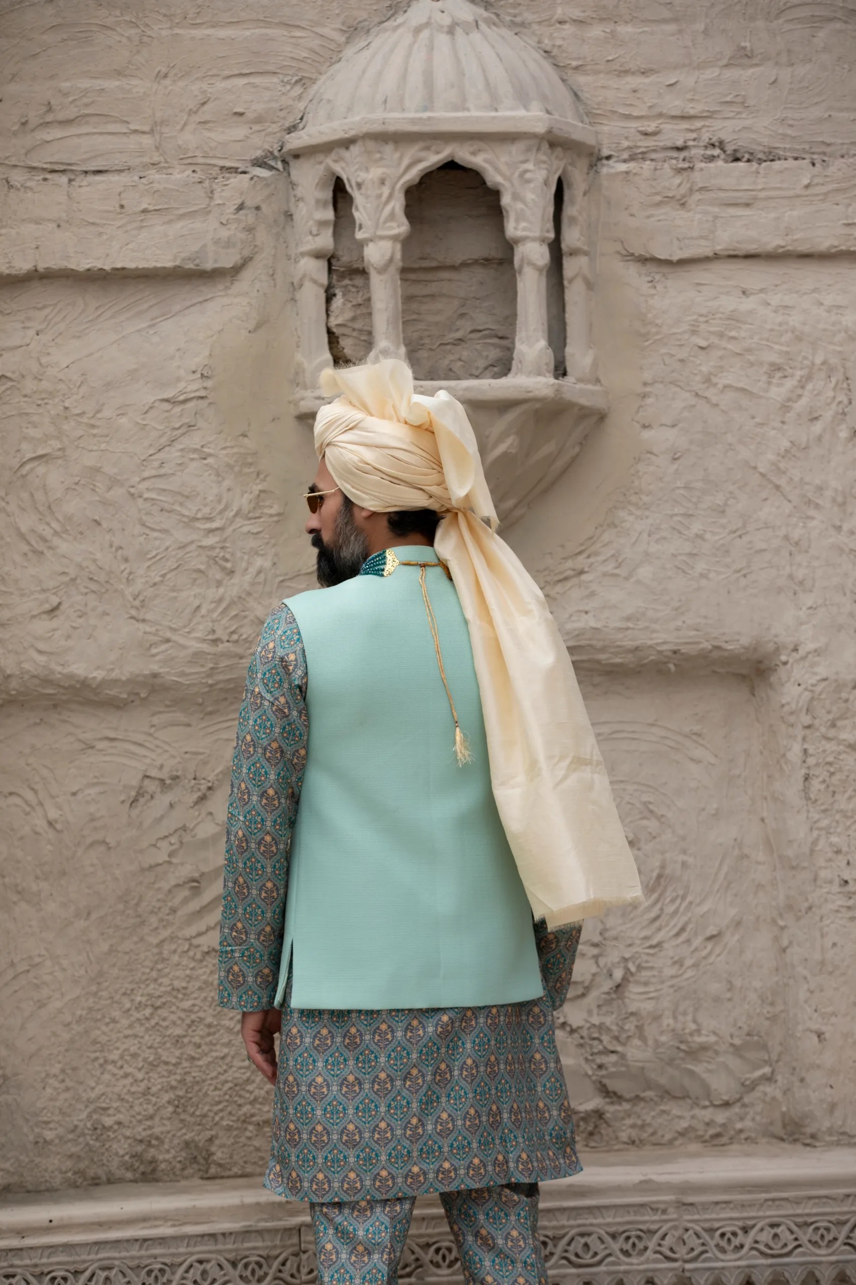 Mint Green Tailored Waistcoat Kurta Set (3-Piece) - Image 3