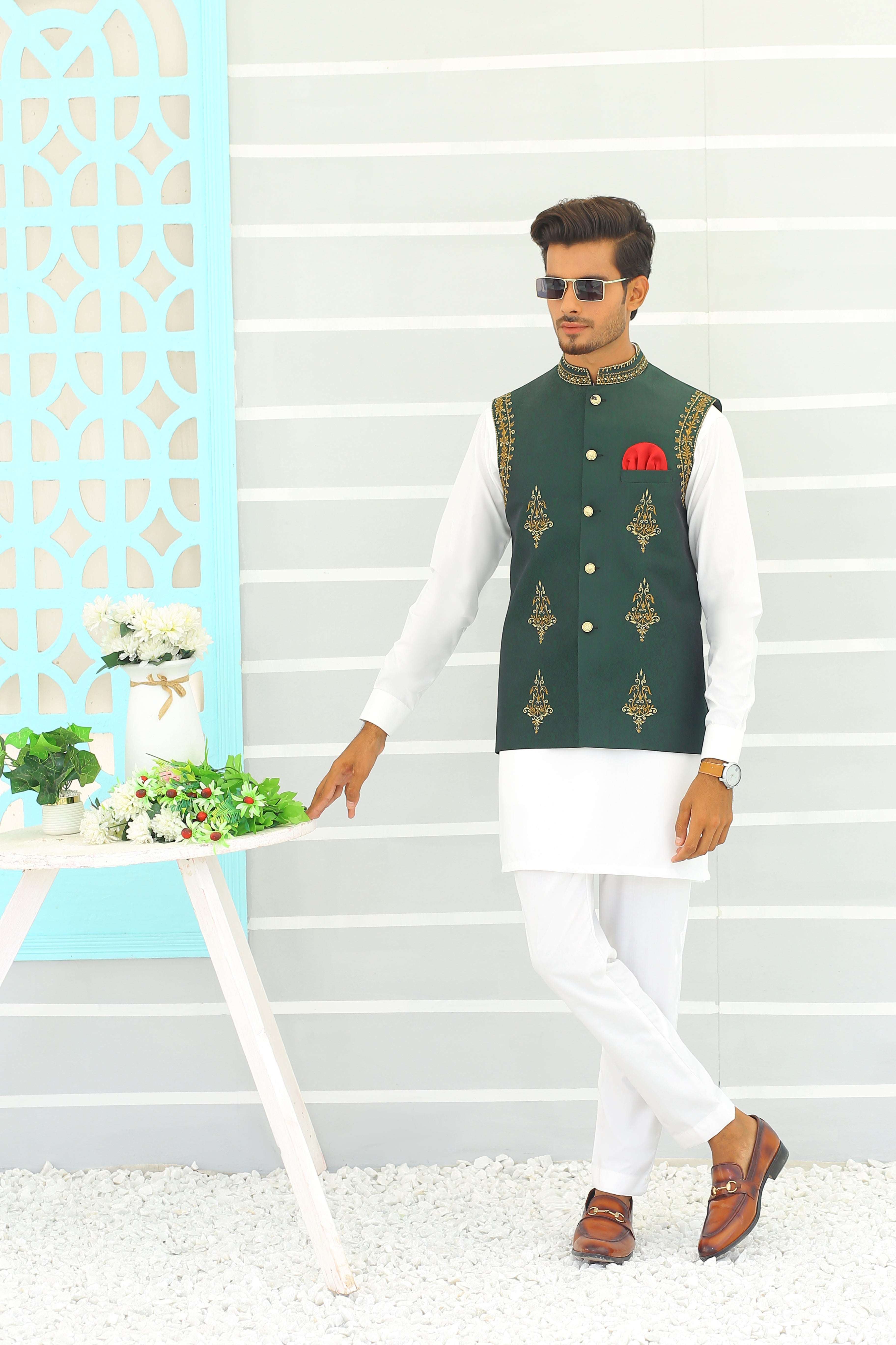 Green Copper Embroidered Poly-Viscose Waistcoat (3-Piece) - Image 1