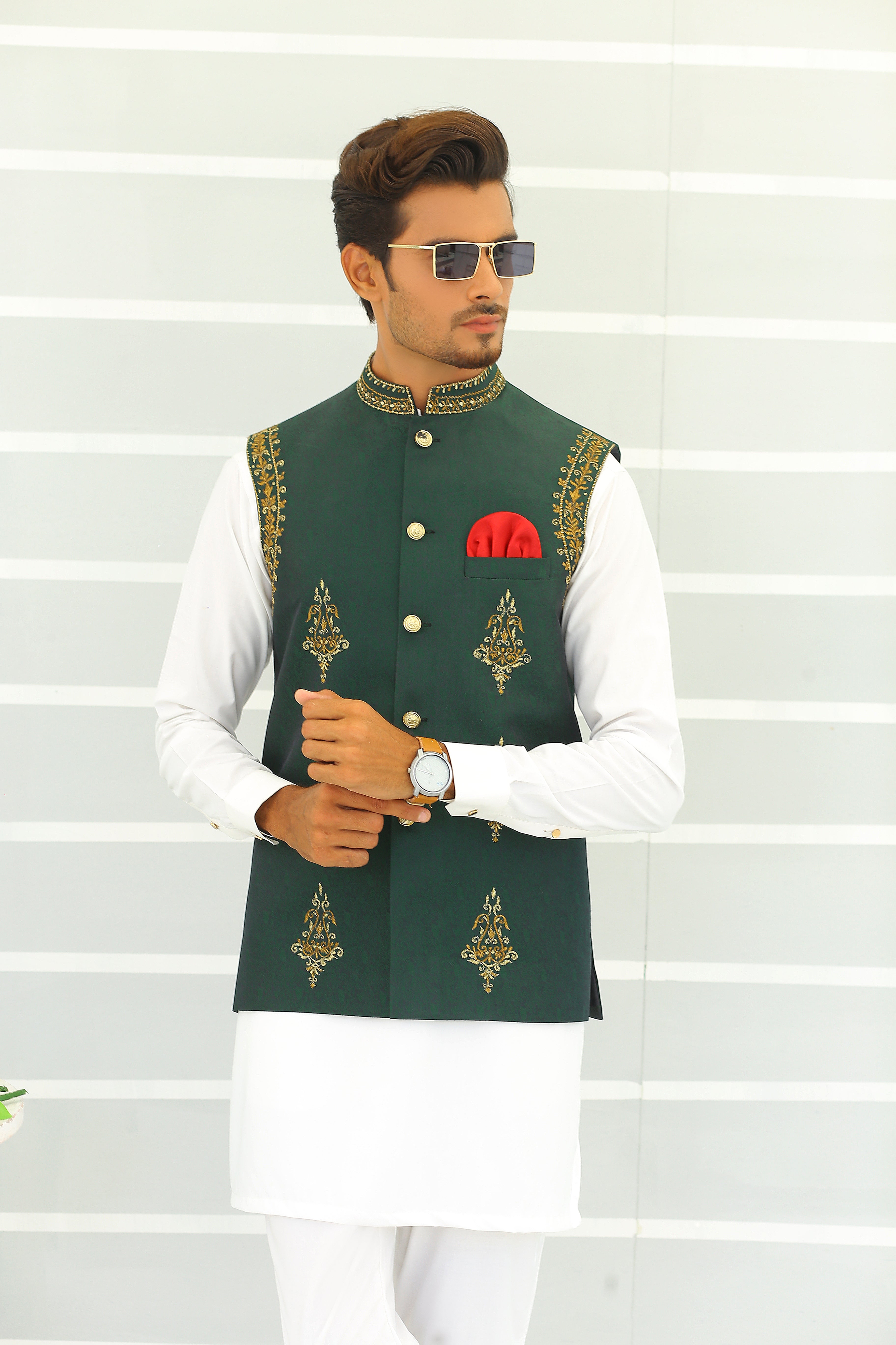 Green Copper Embroidered Poly-Viscose Waistcoat (3-Piece) - Image 4
