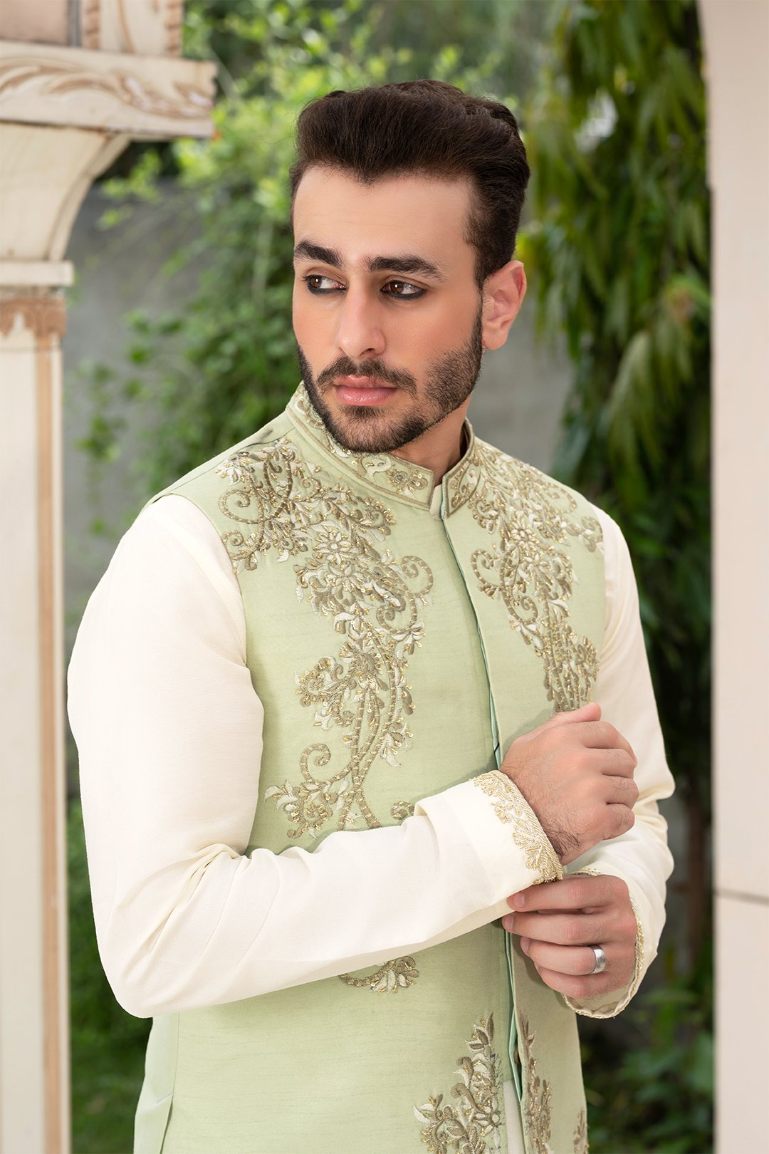 Pista Green Embroidered Silk Waistcoat (3-Piece) - Image 4