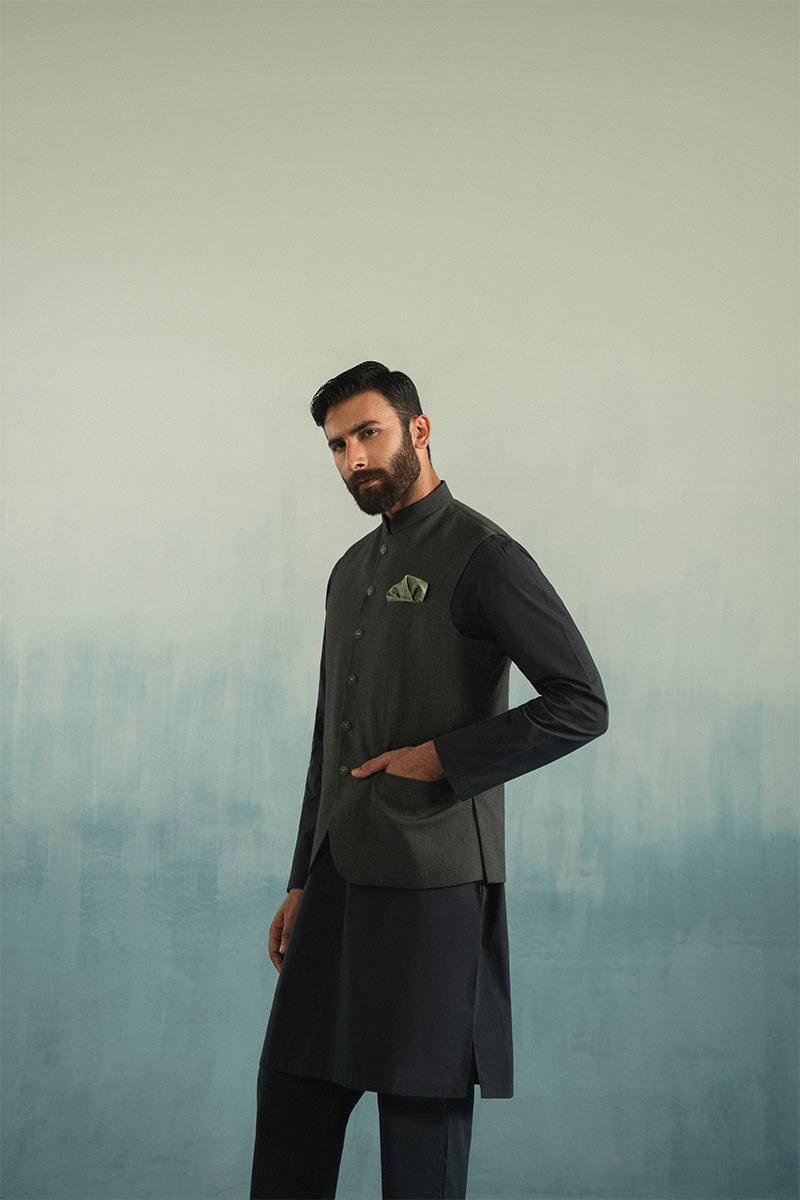 Dark Green Textured Suiting Waistcoat (3-Piece) - Image 3