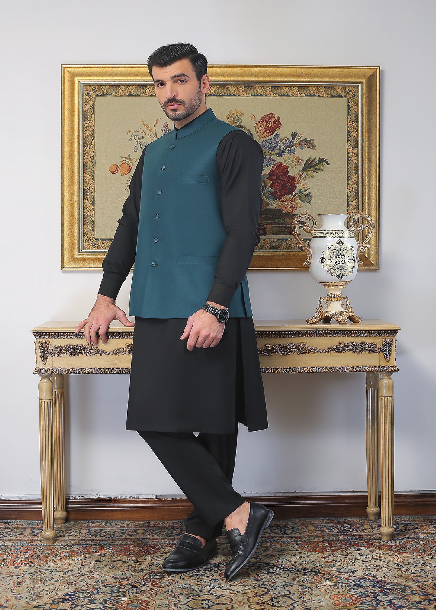 Sea Green Tropical Fabric Waistcoat (1-Pc) - Image 1