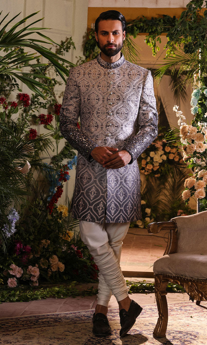 Grey Mirror Work Brocade Achkan Sherwani (2-Piece) - Image 1