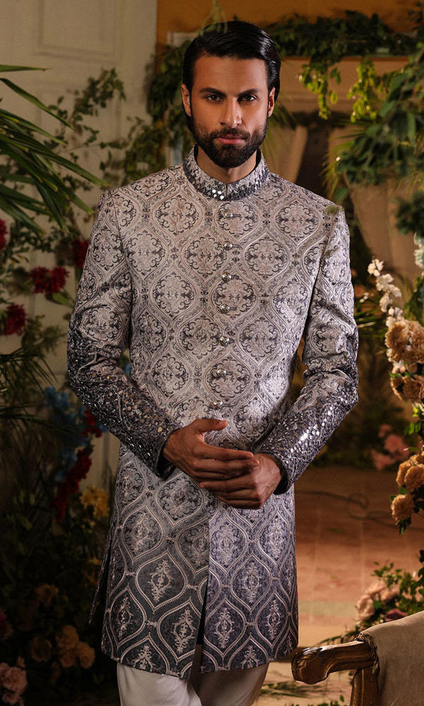 Grey Mirror Work Brocade Achkan Sherwani (2-Piece) - Image 3