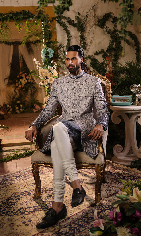 Grey Mirror Work Brocade Achkan Sherwani (2-Piece) - Image 4