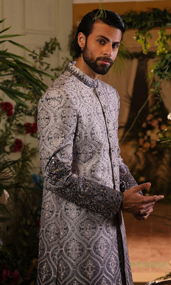 Grey Mirror Work Brocade Achkan Sherwani (2-Piece) - Image 5