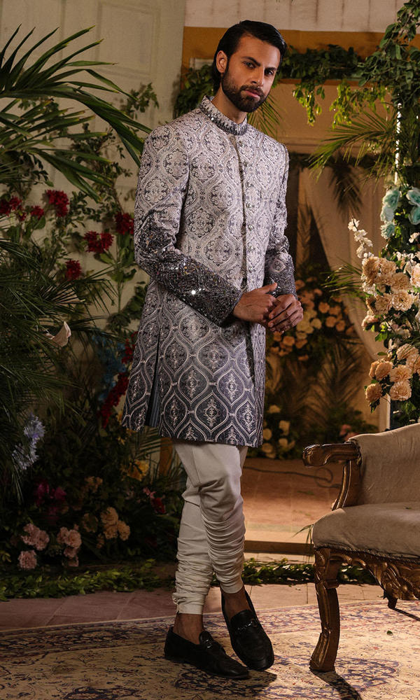 Grey Mirror Work Brocade Achkan Sherwani (2-Piece) - Image 7