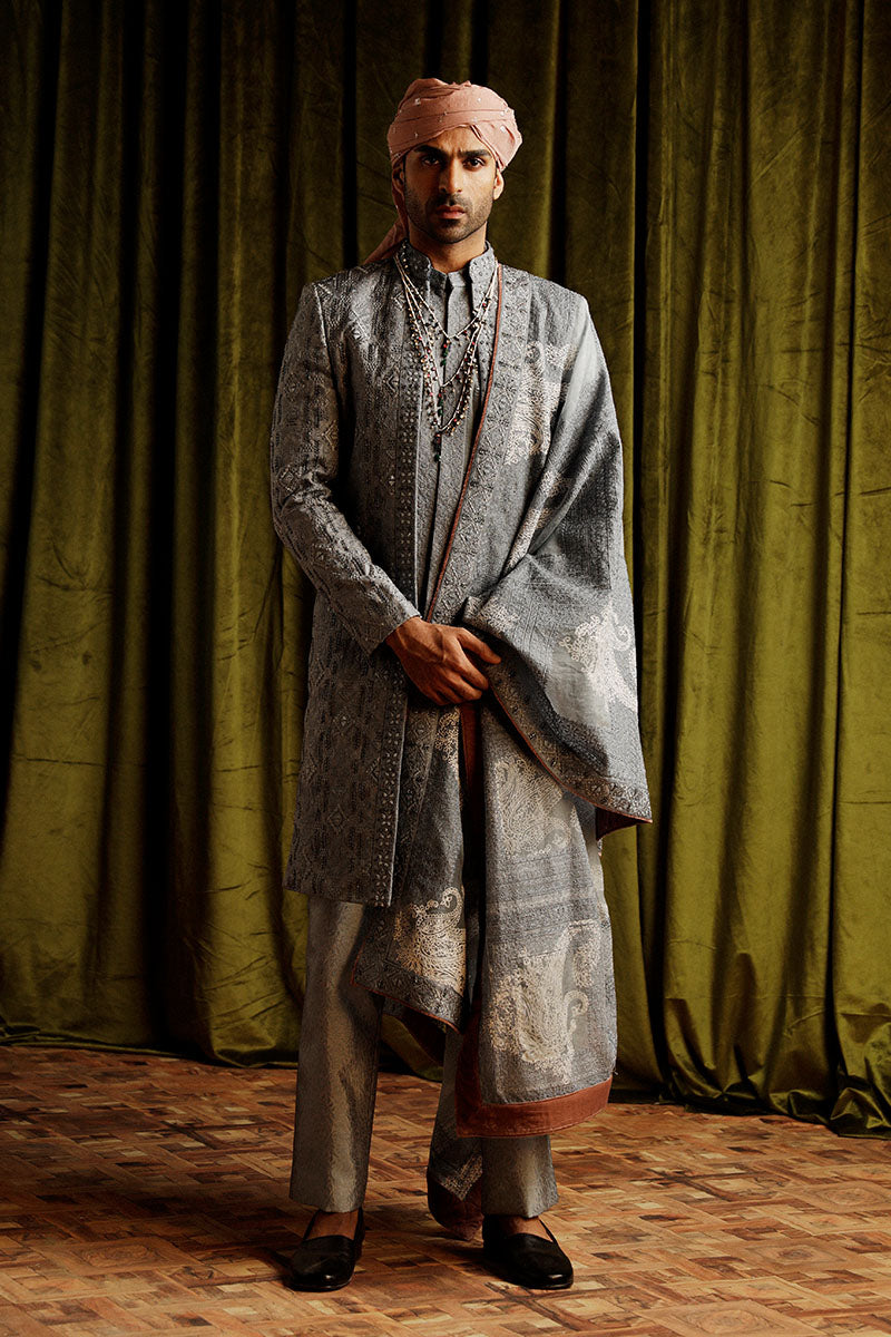 Slate Grey Embroidered Organza Shawl (1-Pc) - Image 1