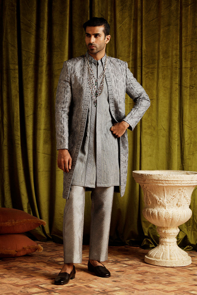 Slate Grey Embroidered Jacquard Achkan Sherwani (3-Piece) - Image 1
